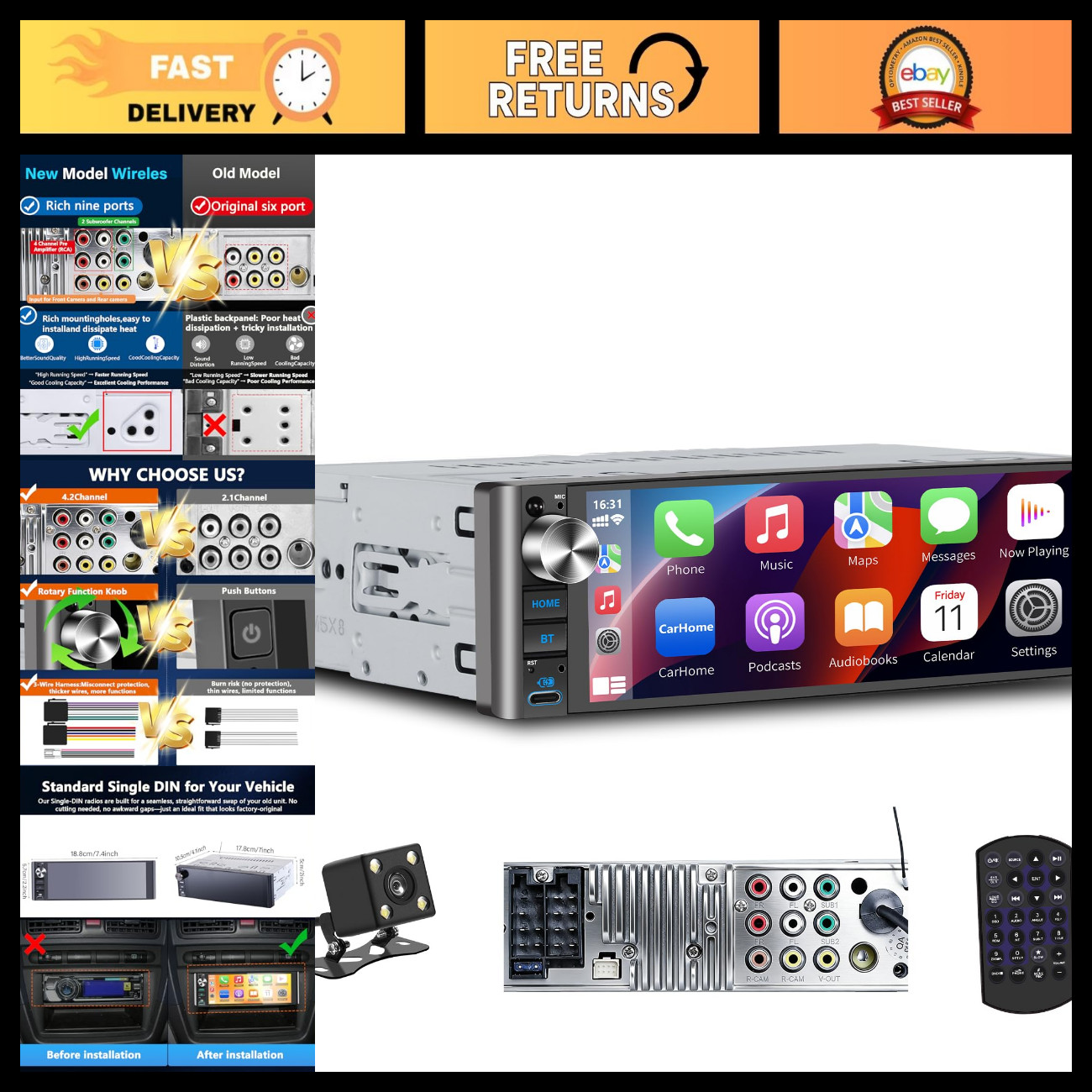Single Din Radio Car Stereo with Wireless Apple Carplay & Android Auto, AM