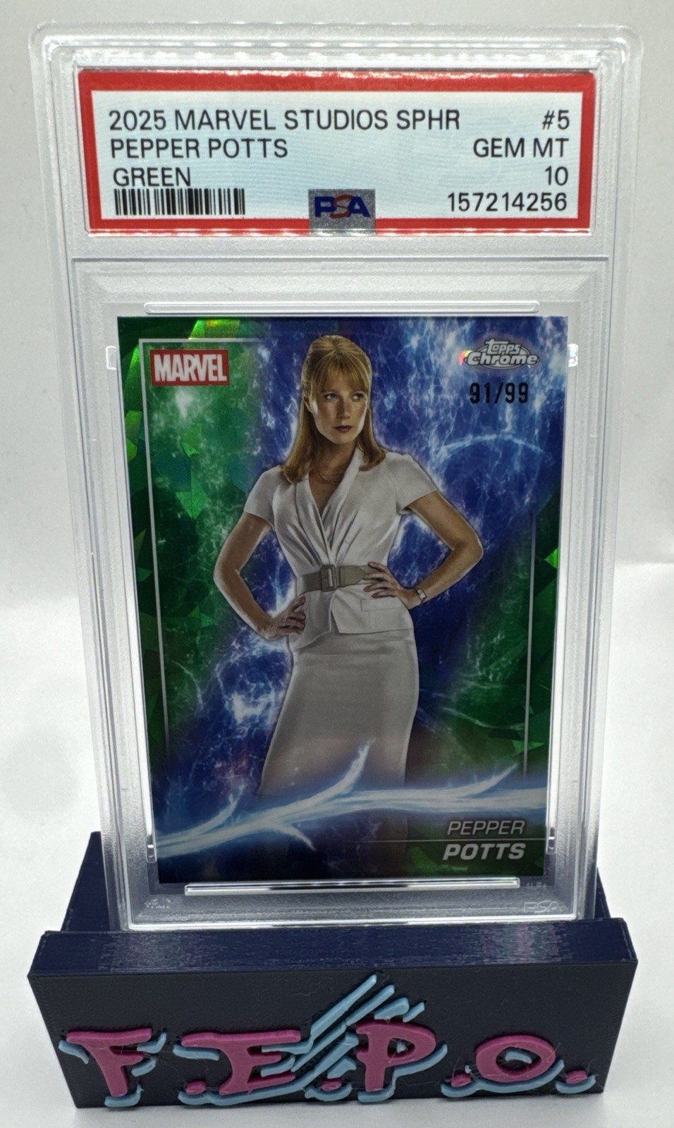 2025 Topps Chrome Marvel Studios Green Iron Man’s Pepper Potts 91/99 PSA 10