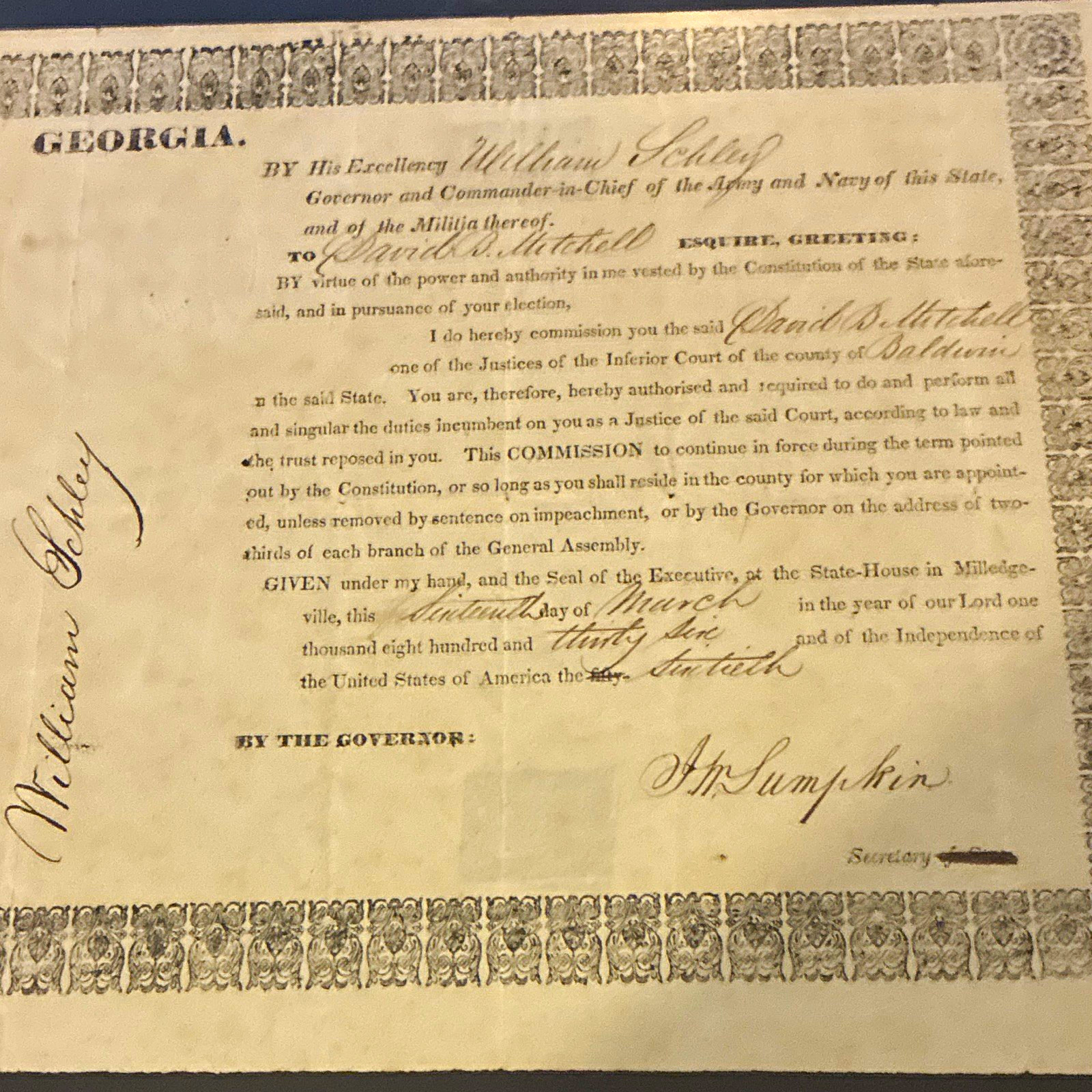 Georgia Governor Commission, Justice of Inferior Court, Baldwin Co 1836