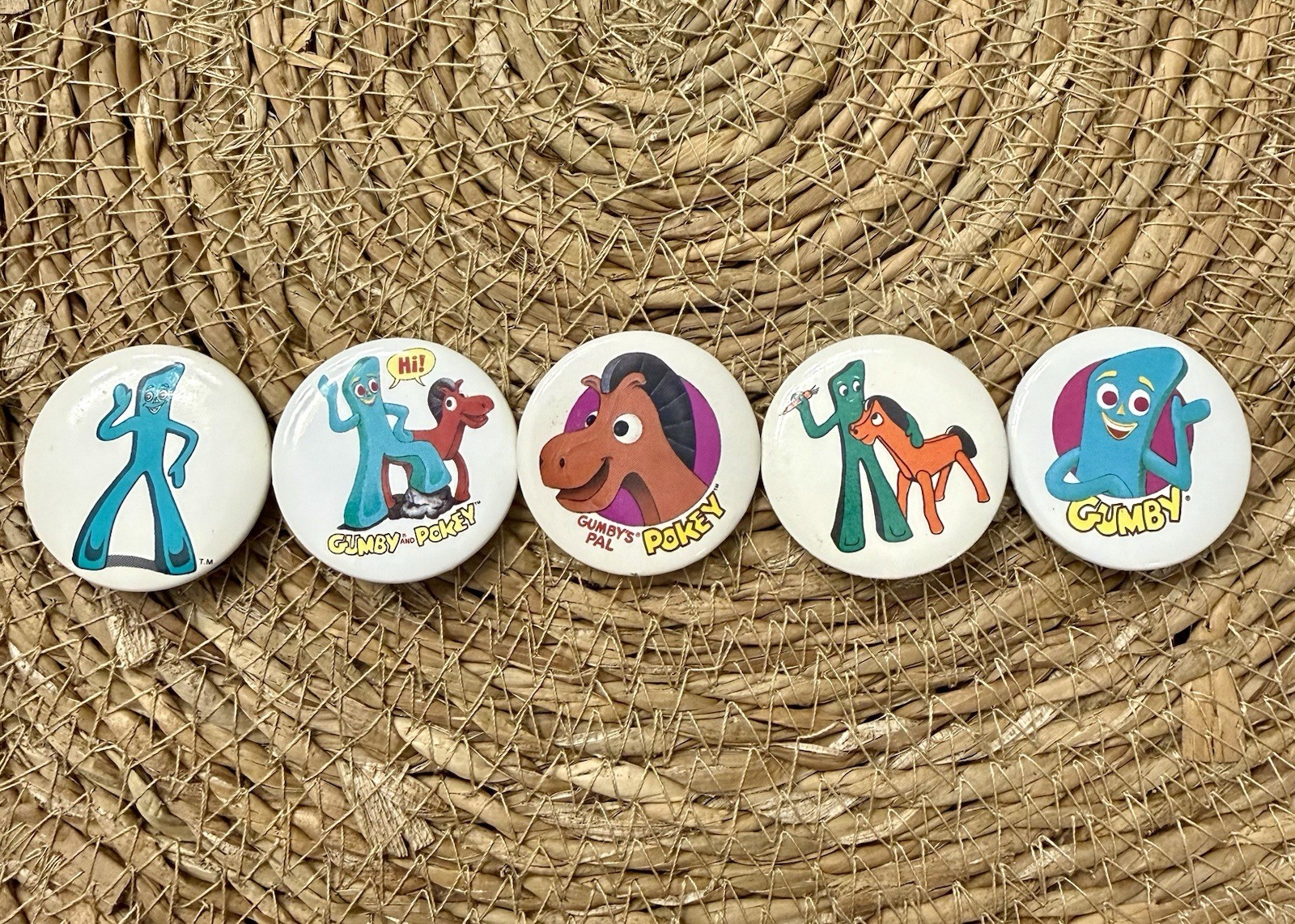 Vintage 1980s Gumby Pokey Pinback Buttons Lot of 5 Art Clokey Cartoon Pins