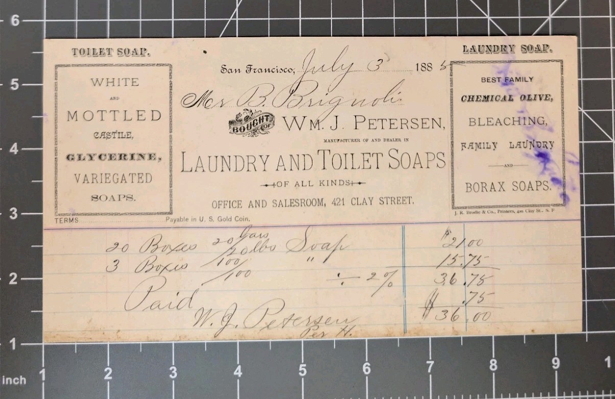 1888 Wm. J. Petersen Soap Manufacturer San Francisco California Billhead Receipt