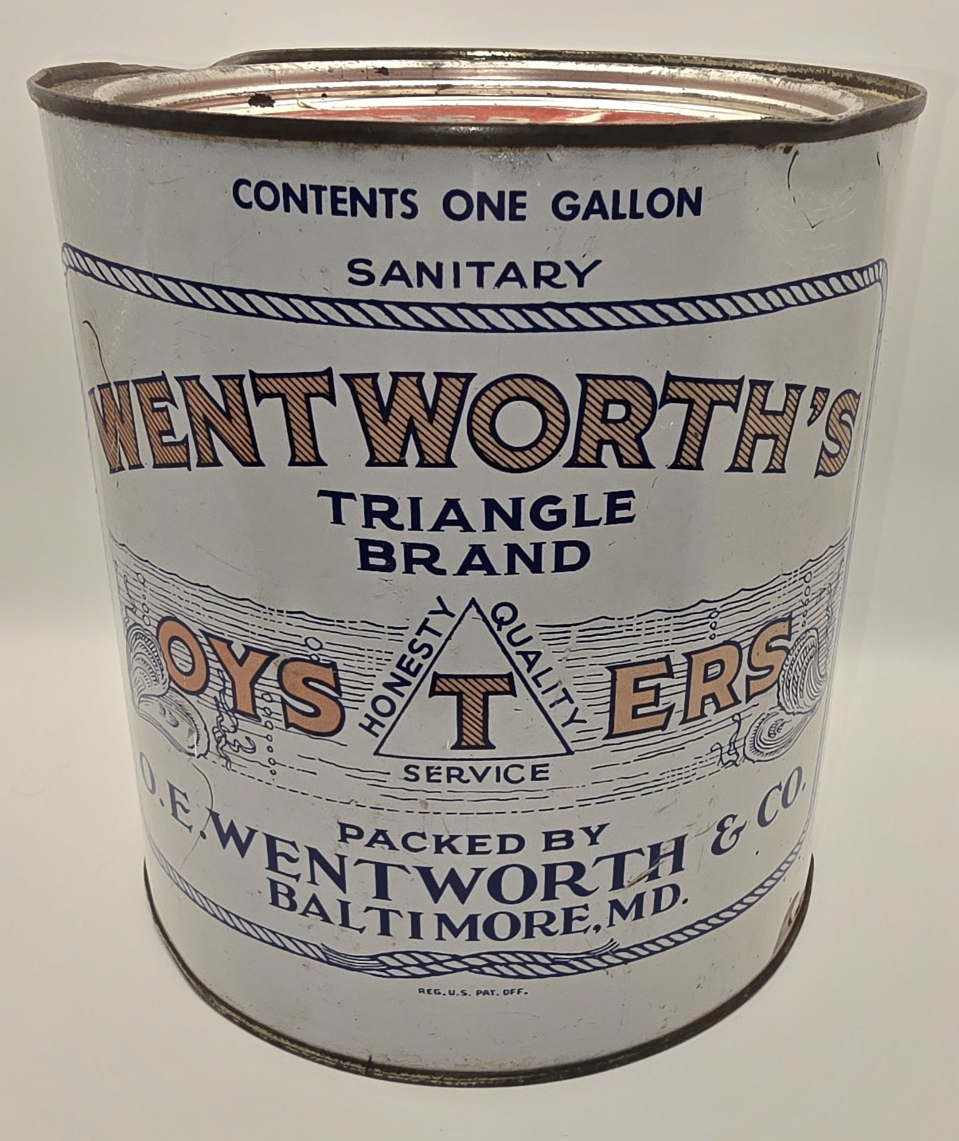 Vintage Antique Wentworth\'s Triangle Brand Oysters One Gallon Tin Can MD 45 -863