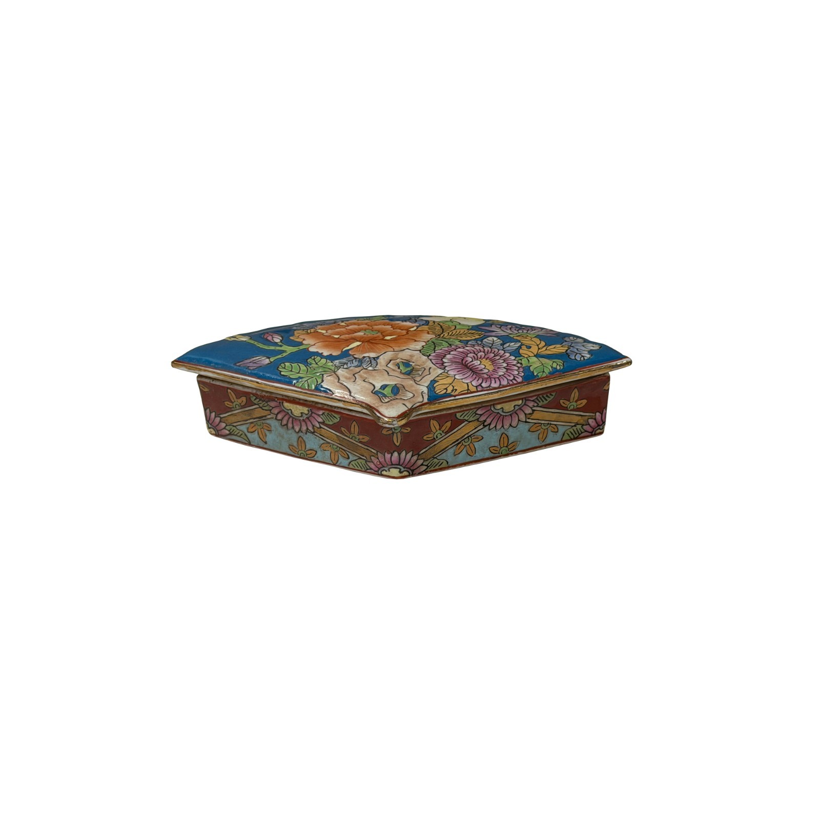 Vintage Blue Big Flowers Graphic Fan Shape Porcelain Trinket Box GB880S