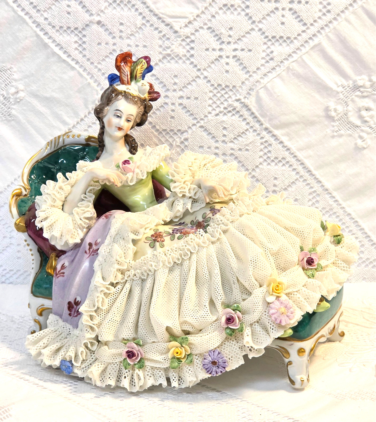 #5 Figurine German Dresden Lace Lady Laying on a Chaise 5