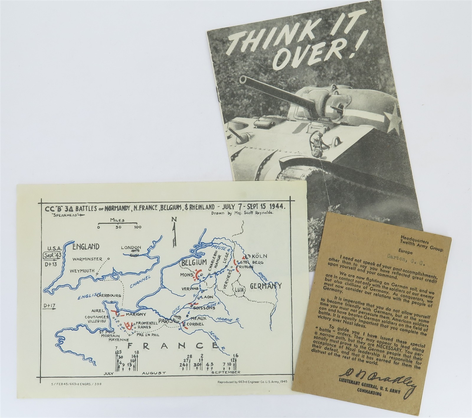 Lot of WWII Spearhead American Twelfth Army Group, Map & Sherman Tank Ephemera