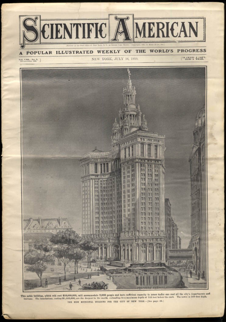 SCIENTIFIC AMERICAN 7/16 1910 NY Municipal Bdg radium collector Farman Monoplane