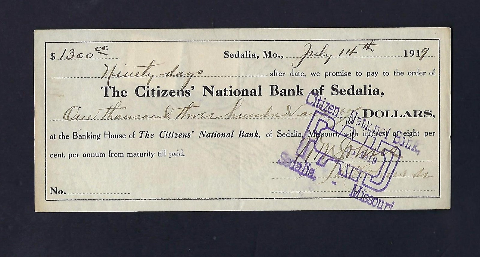1919 Citizens’ National Bank of Sedalia MO Promissory Note w/ Revenue Stamps
