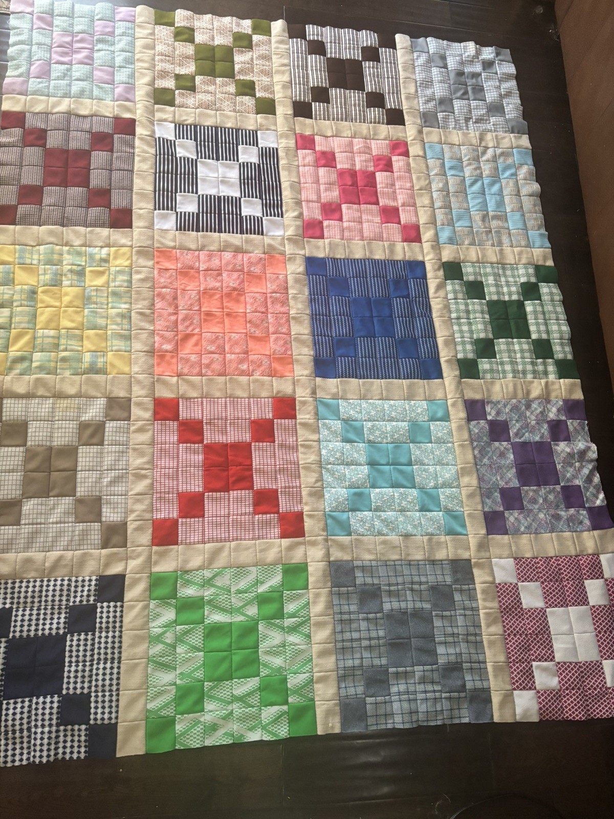 Vtg Polyester Quilt Top 67x80 Greek Cross Patchwork Retro 70s Double Knit Sewn