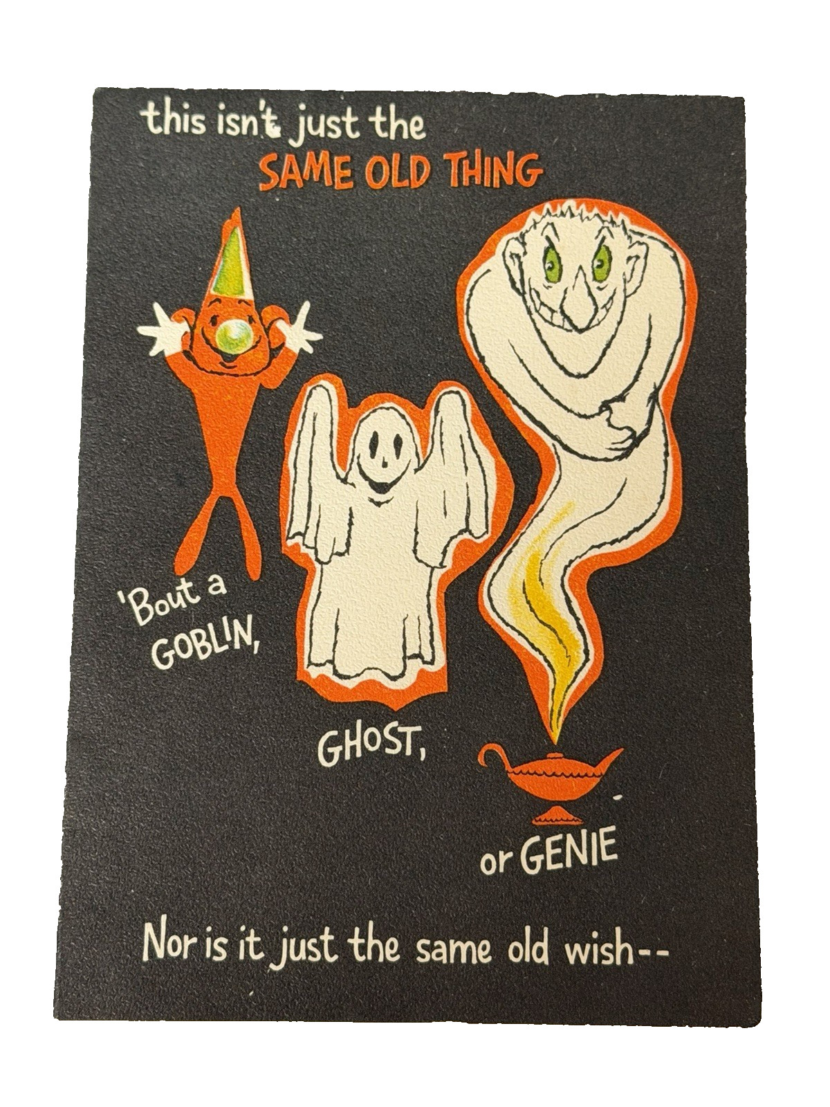 VTG MCM Hallmark Halloween Card Black with Goblin, Ghost & Genie 5\