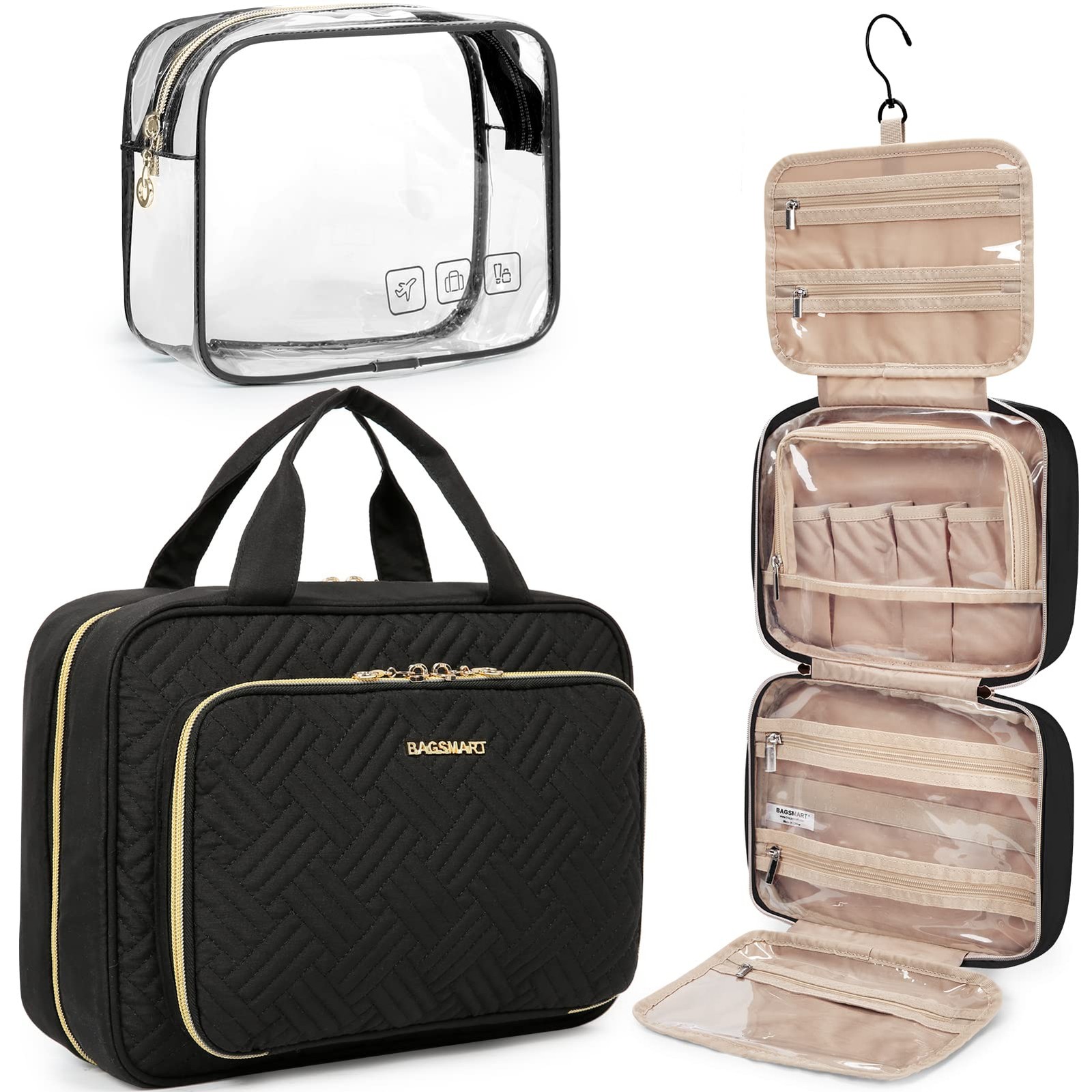 BAGSMART Toiletry Bag Hanging Travel Makeup Organizer with TSA Large, Black 