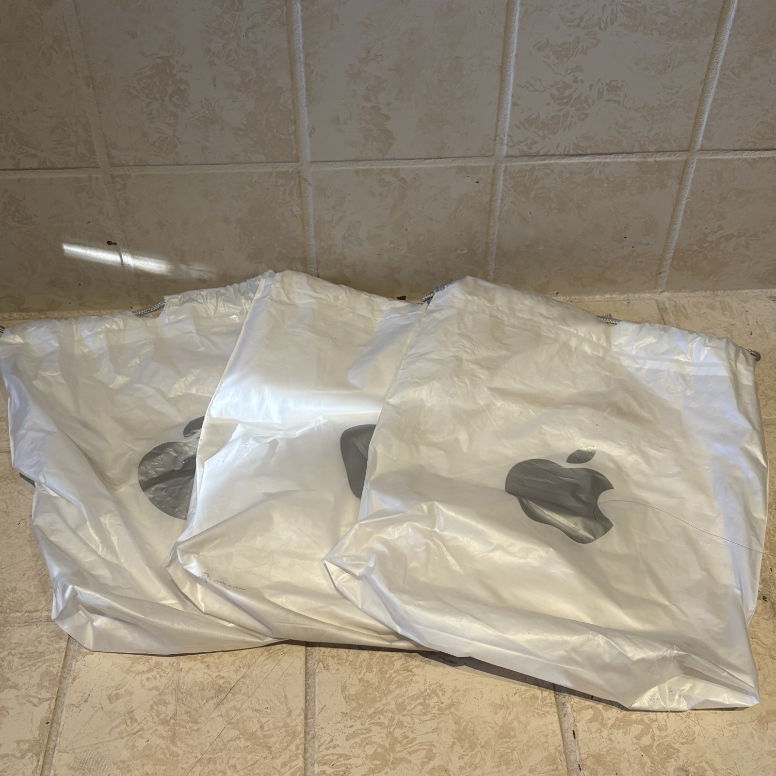Lot Of 3 Vintage Apple Store Plastic Drawstring Shopping Bag Logo 12x13” Roughly