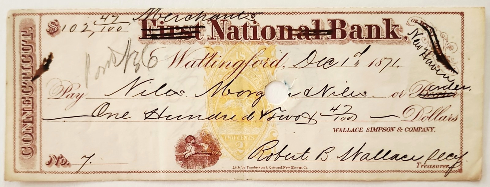 1871 First National Bank New Haven CT Merchants Check Wallace Simpson