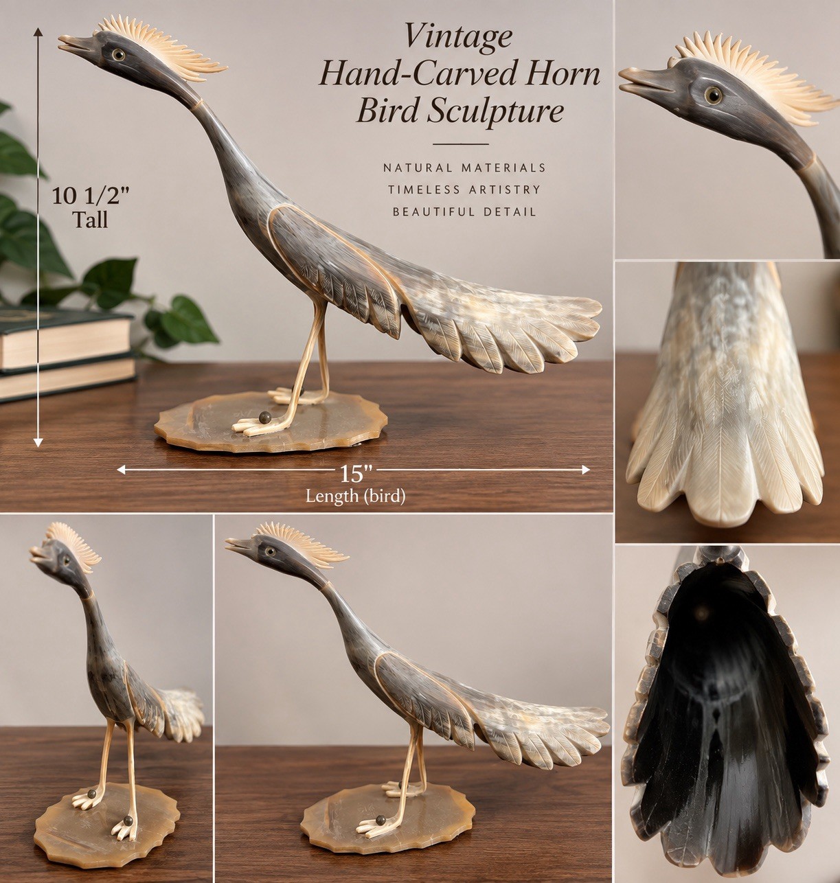 Vintage Hand Carved Horn Roadrunner Bird Sculpture 15” Long 10.5” Tall Folk Art