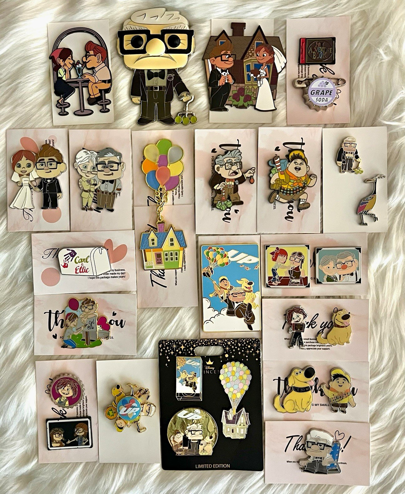 Disney Pixar ‘UP’ Collection of 28 Pins Including Fantasy - LE, 4.5” Jumbo Carl