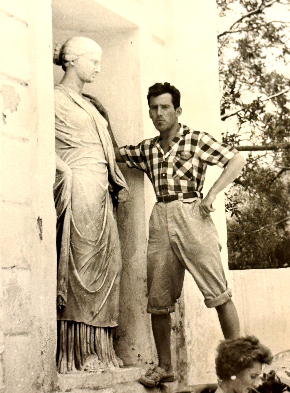 Handsome Young Man Hugging Statue Girl 1960s Soviet USSR Vtg Photo B&W Original