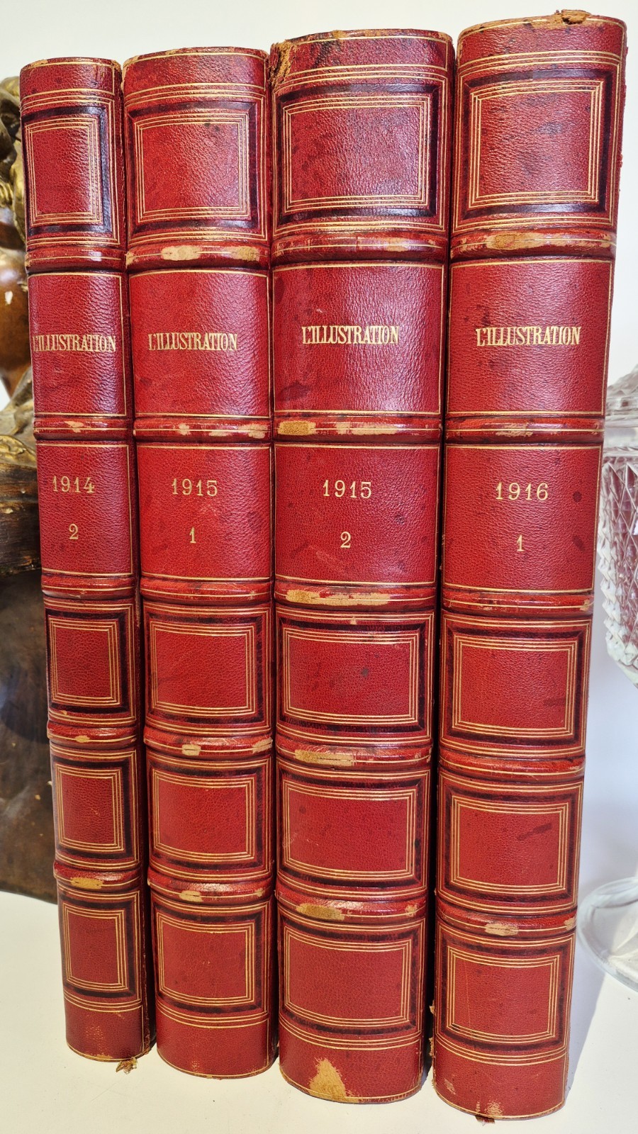 Antique World War 1 Books Paris L Illustration Folio Volumes Red Morocco Covers 