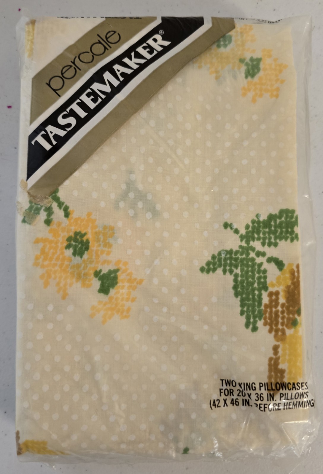 VTG 70s Tastemaker Percale King Pillowcases NIP Yellow Green Floral Cross Stitch