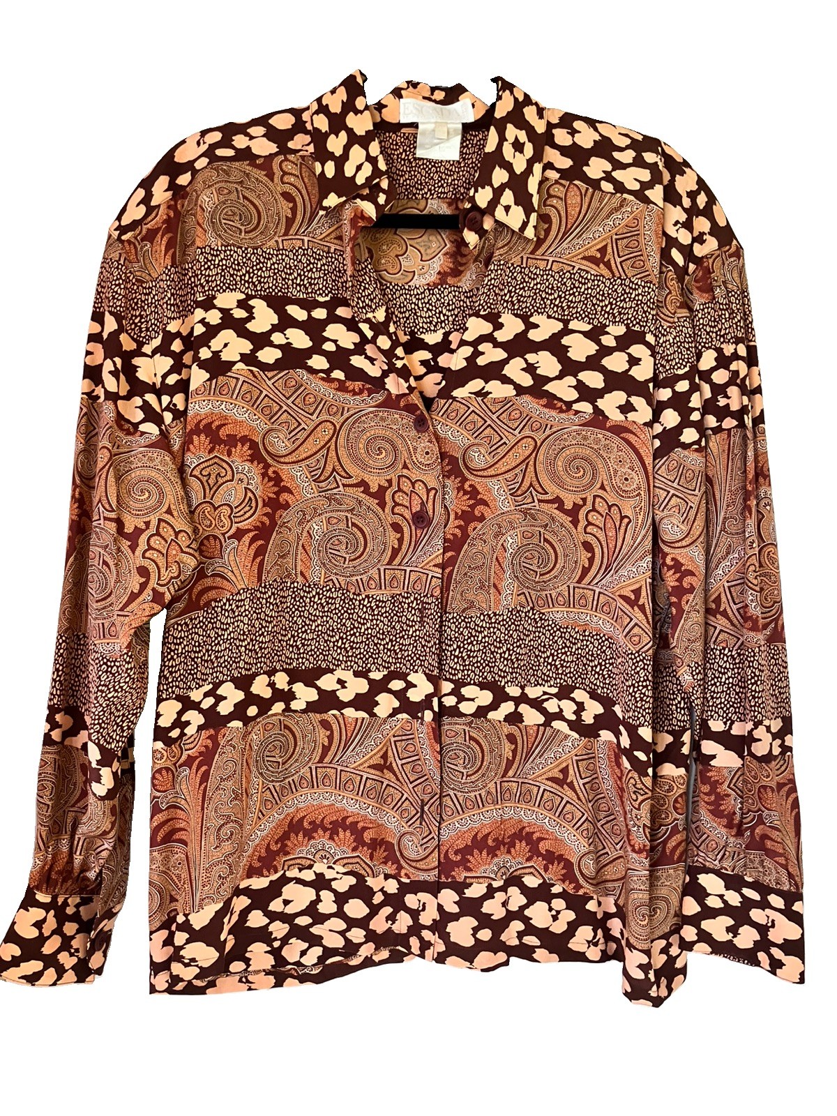 Escada Silk Blouse Women 42 L arge Vintage Button-Down Long Sleeve Brown Paisley