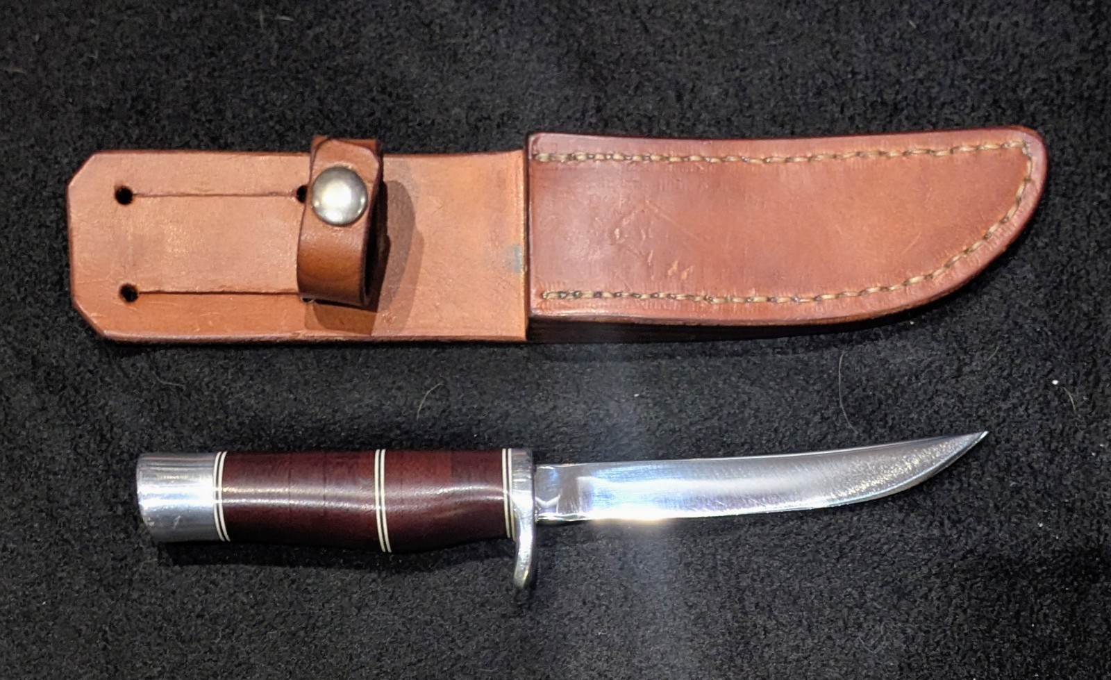 Vintage Stacked Leather Fixed Blade Hunting Knife Archival Preserved With Sheath