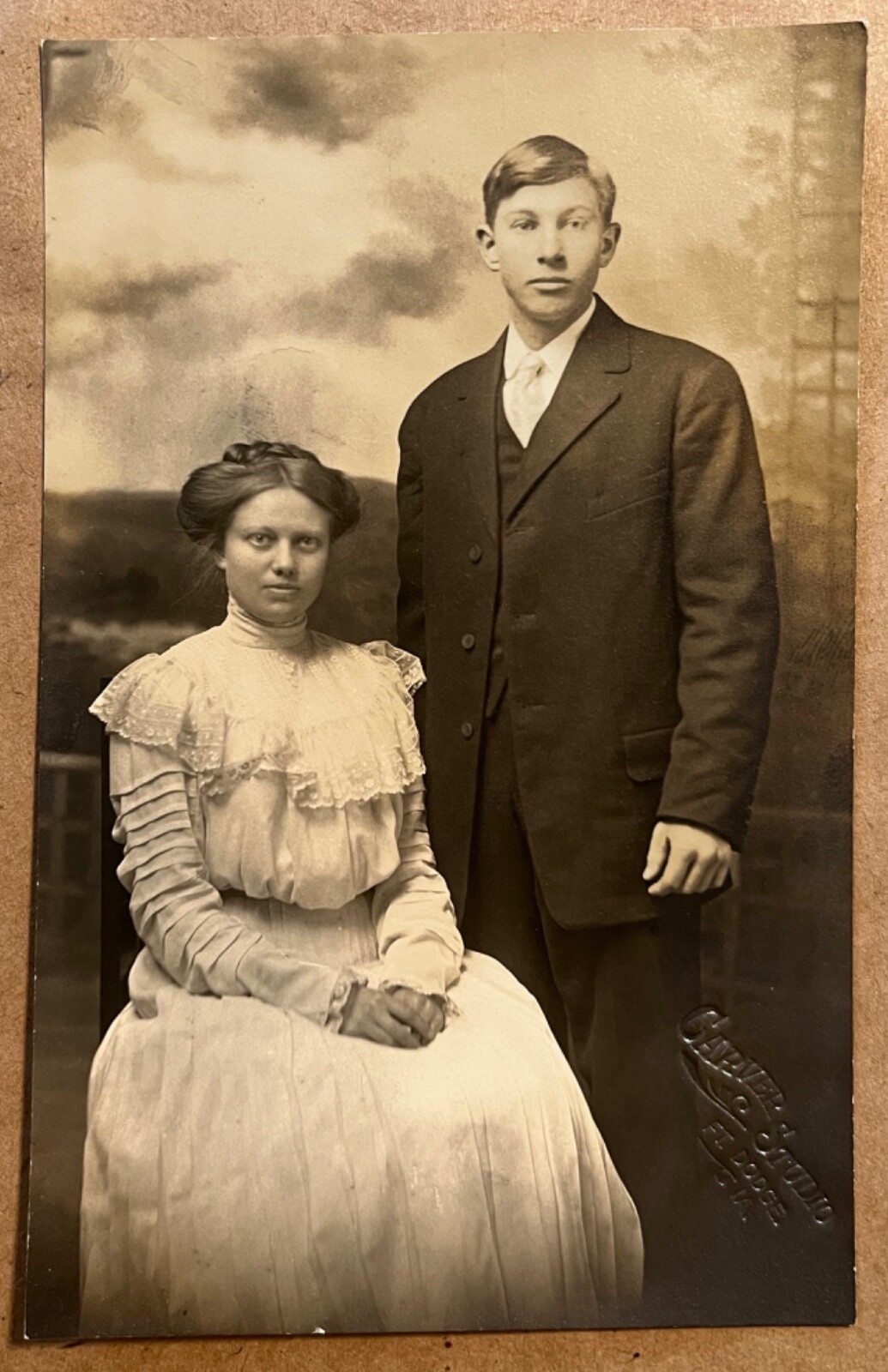 RPPC Fort Dodge Iowa Beautiful Couple Studio Real Photo Postcard c1910