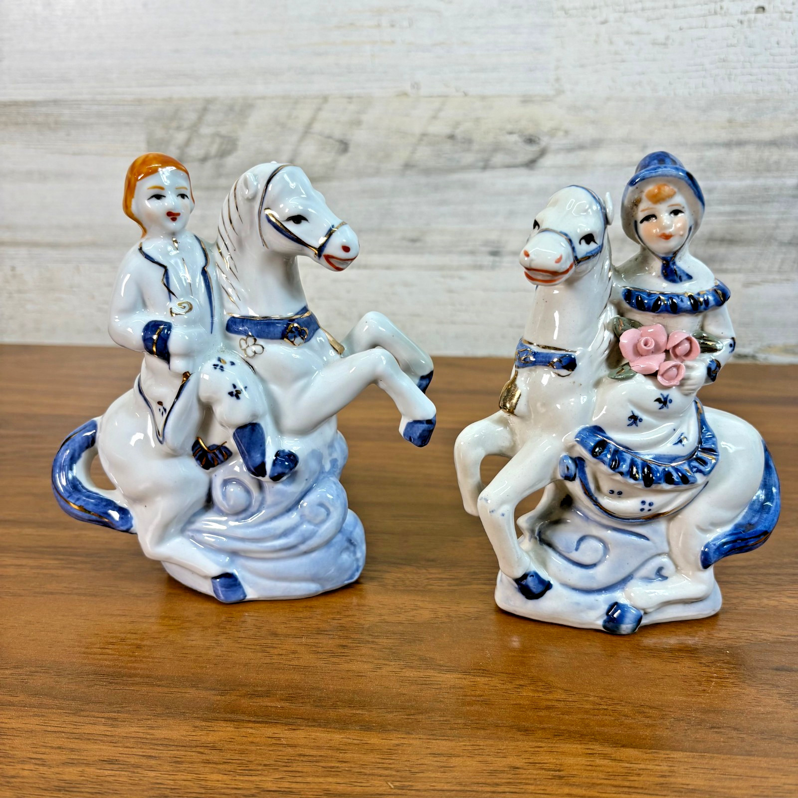 Vintage Chinese Victorian Porcelain Horses and Riders Hand Painted Lot of 2