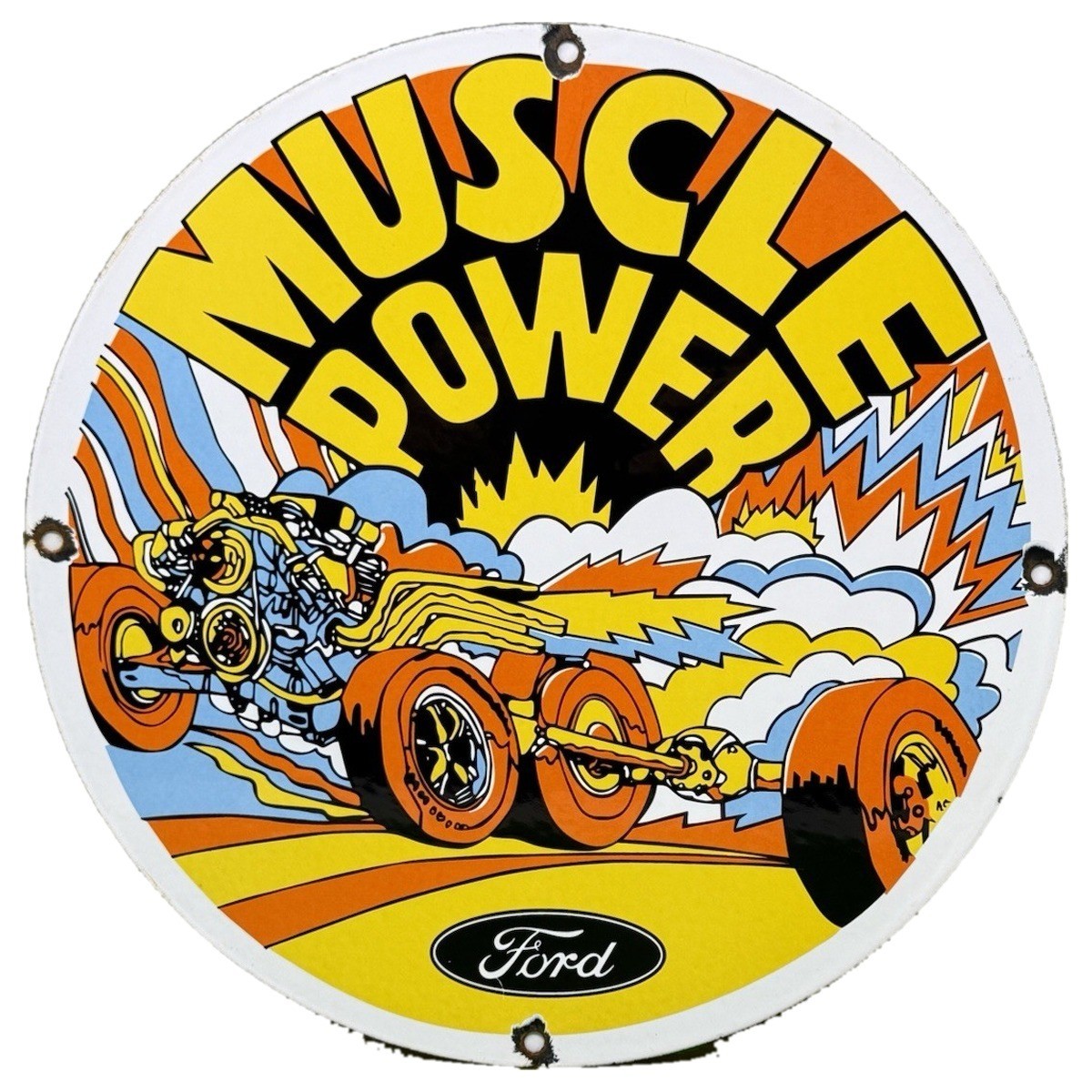 VINTAGE FORD MUSCLE POWER PORCELAIN SIGN HOT ROD DRAGSTER CARTOON OVAL LOGO