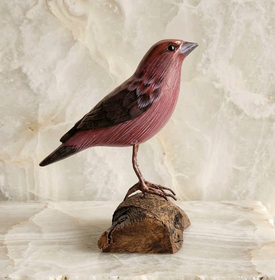 Vintage Purple Finch Hand Carved Figurine Bird Hand Painted Folk Art Wooden Read