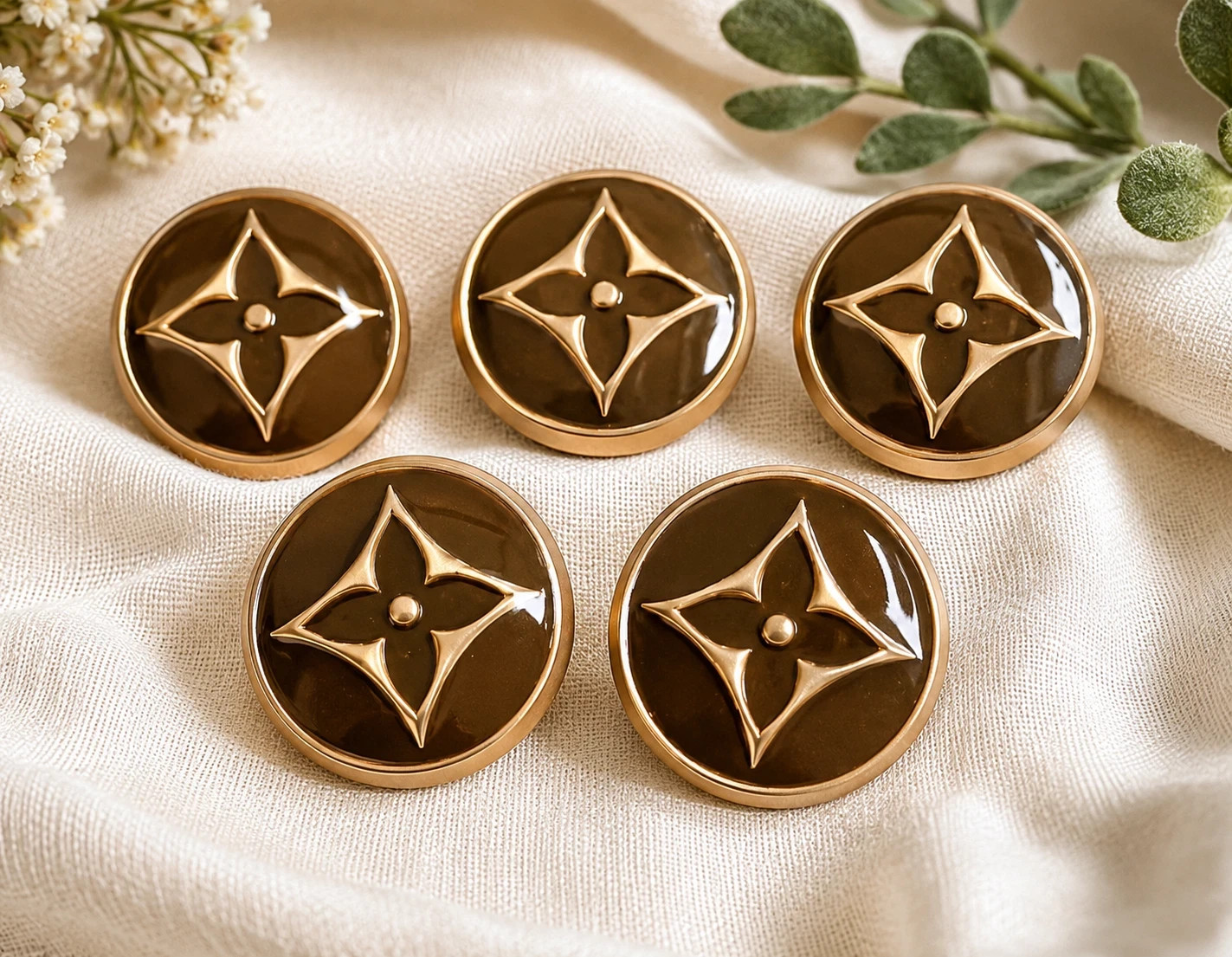 Lot Of 5 Gold Brown Tone Ø 18mm Louis Vuitton LV Button Buttons Stamped Steel