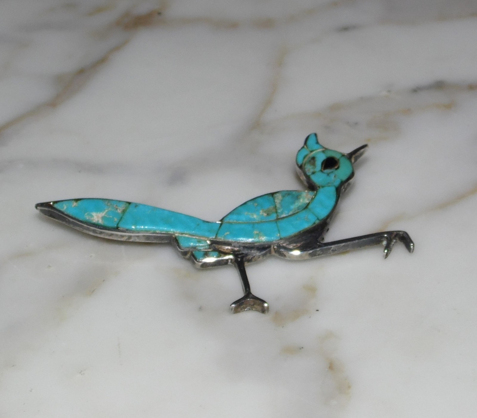 Vintage ZUNI Sterling TURQUOISE ROADRUNNER BROOCH Ellen Quandelacy Bird Fetish