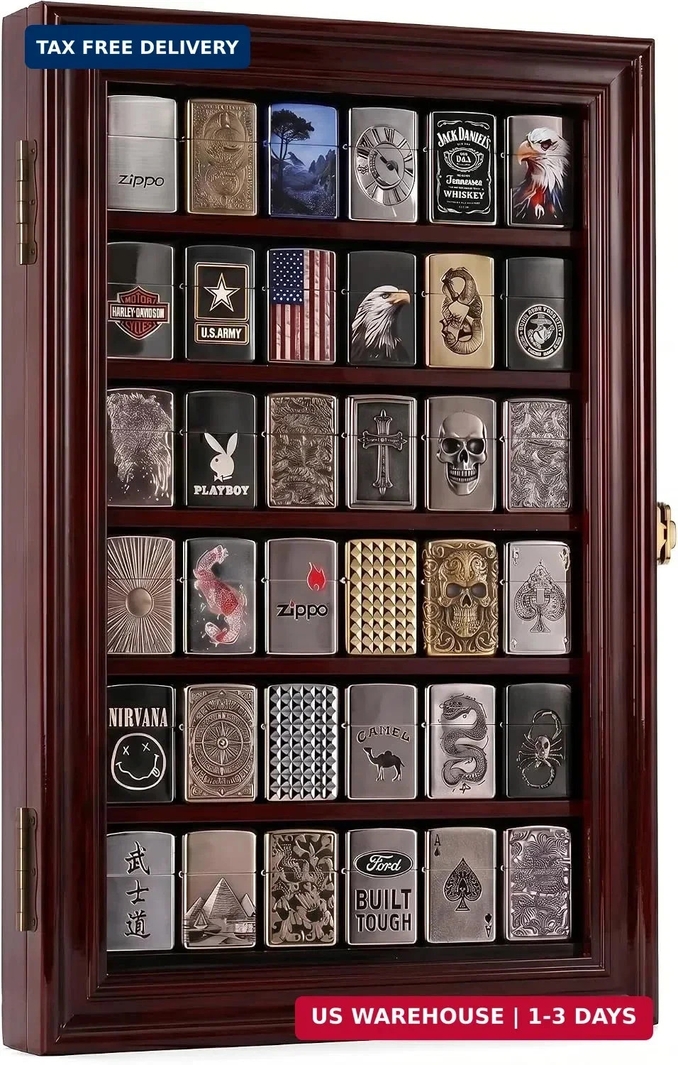 36 Lighter Display Case with Solid Pine, Finish Shadow Box for Zippo, Military,