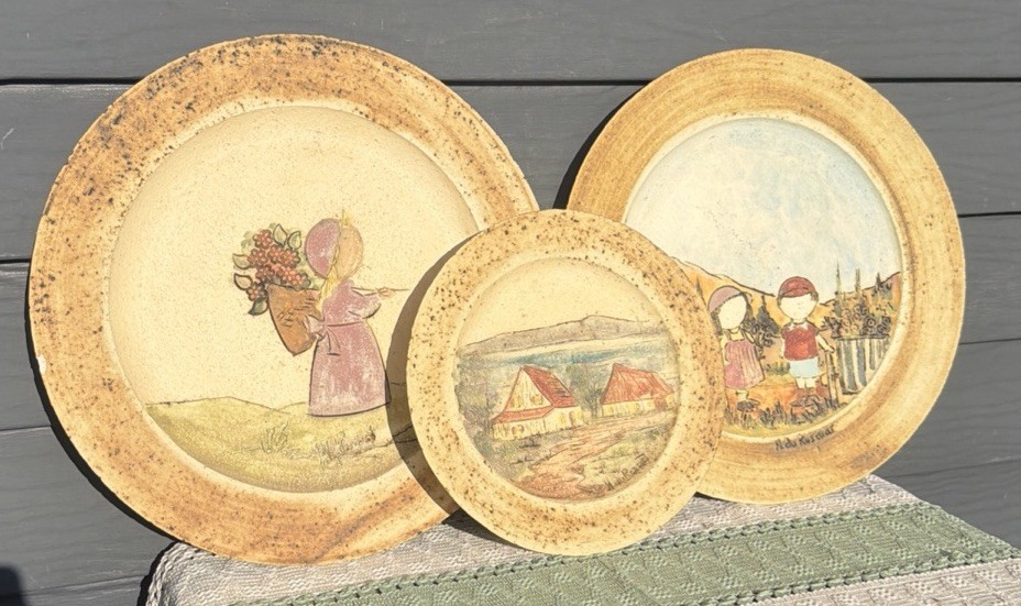 3 Vintage Canada Artist Hubert Du Roscoat Signed Pottery Textured Plates MCM