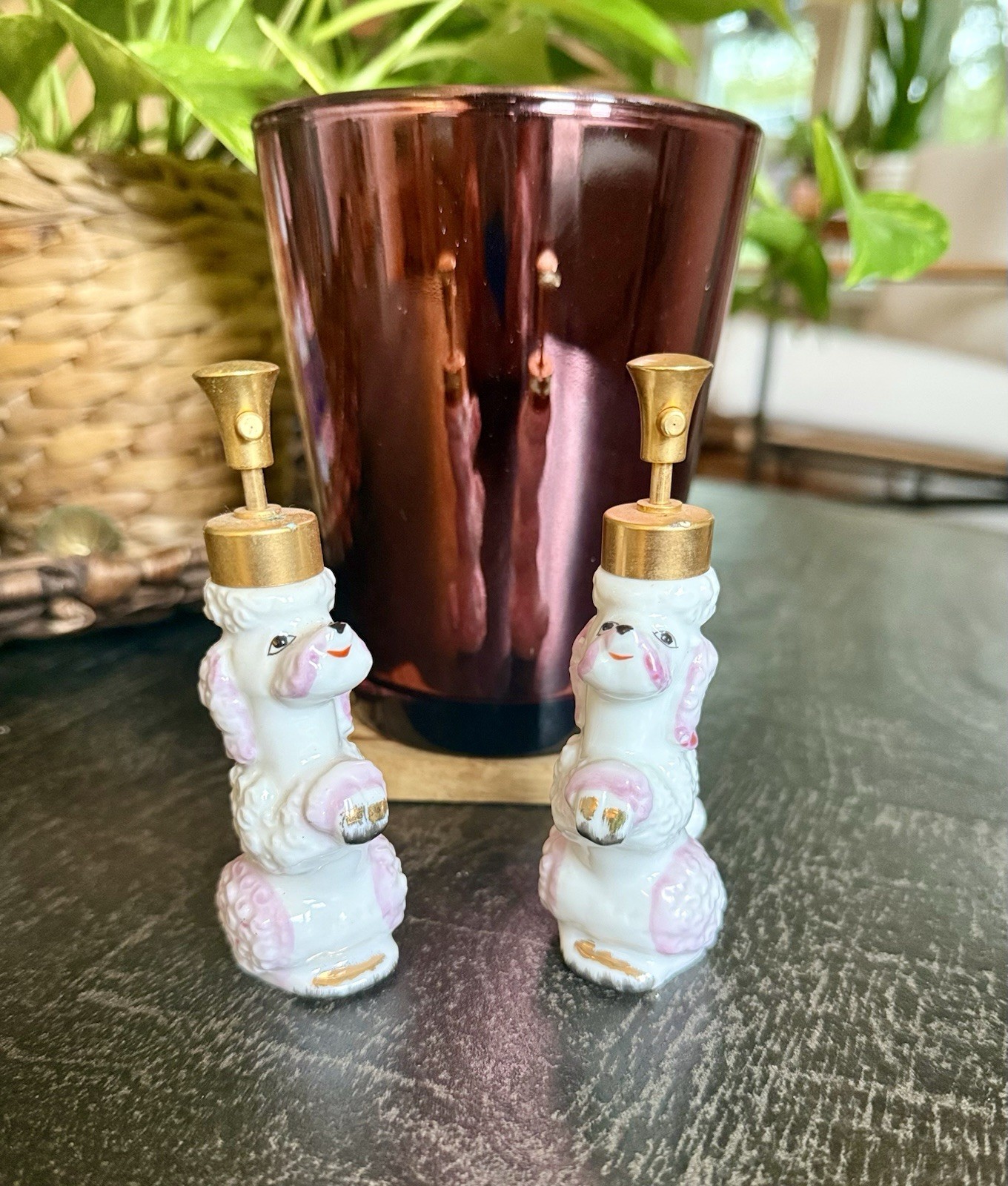 RARE Vtg ‘50s DeVilbiss Porcelain Pink Poodle Perfume Atomizers - MATCHING PAIR