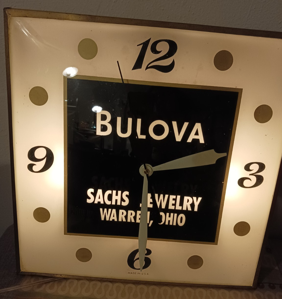Vintage BULOVA Wall Clock Light Up Amber from Ohio Jewelry Store 1970\'s-Works