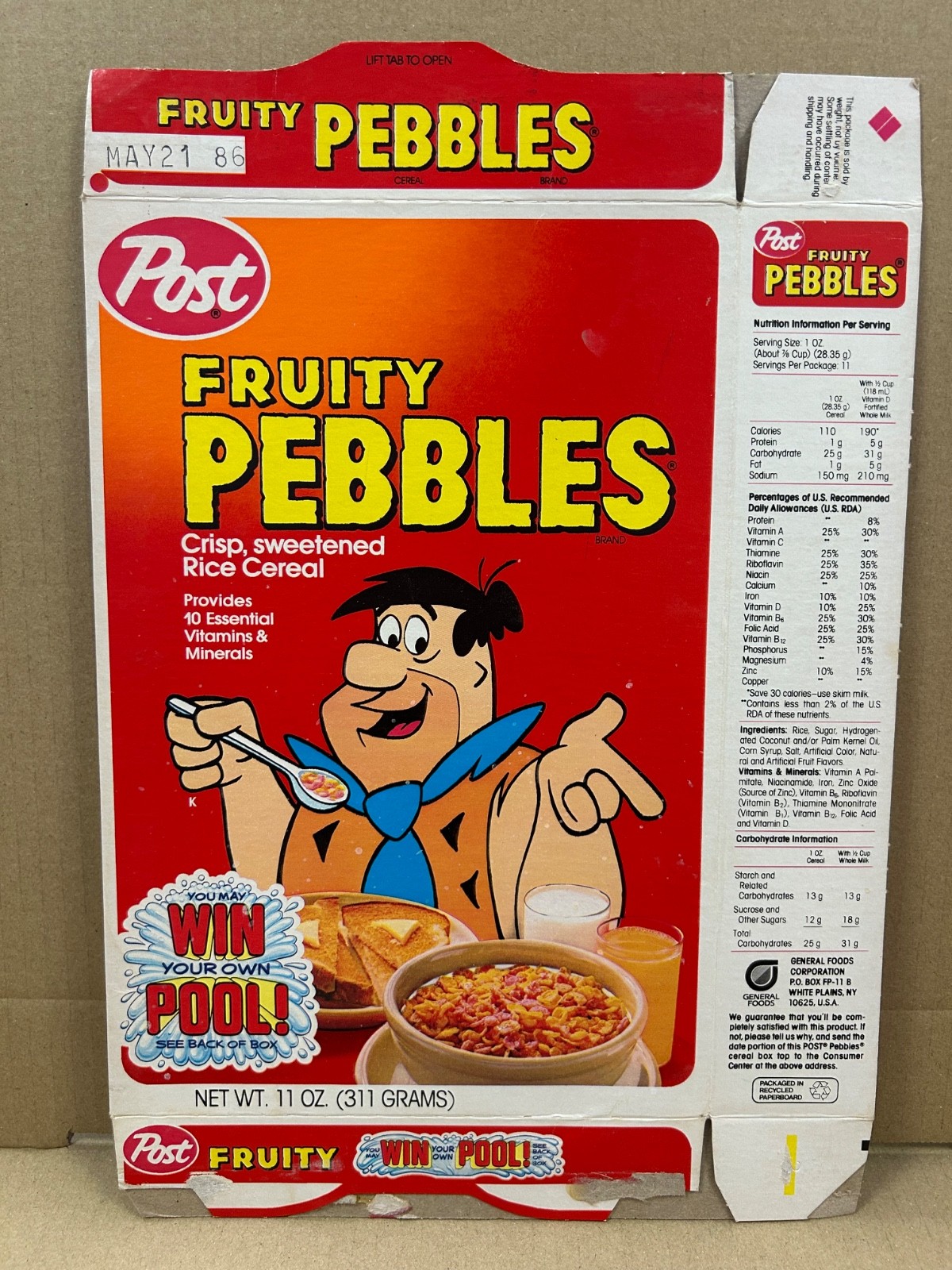 Post Fruity Pebbles Cereal Box 1986 Win Your Own Pool Offer