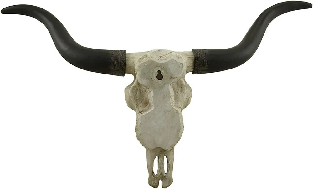 Impressive 20 Inch Longhorn Skull Sculpture with Black Horns for Rustic Decor