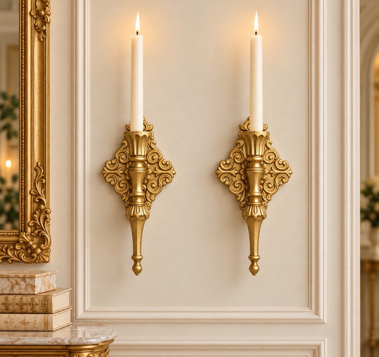 TWO Vintage Gold Iron Taper Candle Wall Sconces Holder Hollywood Regency 10.5”