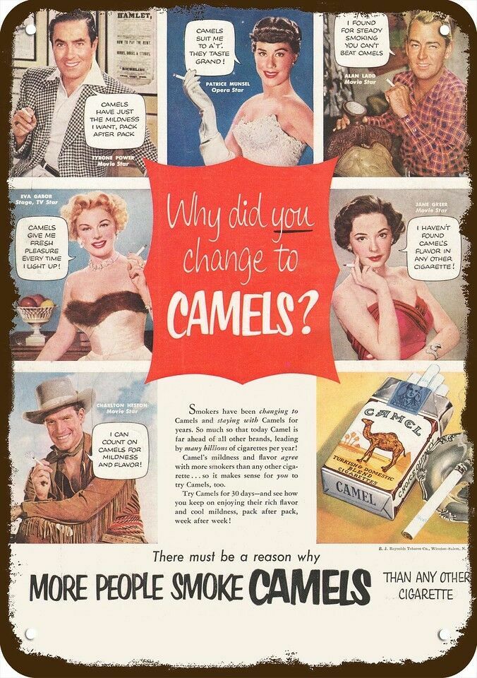 1953 CAMEL Vintage Look DECORATIVE METAL SIGN CHARLTON HESTON  EVA GABOR  ALAN L