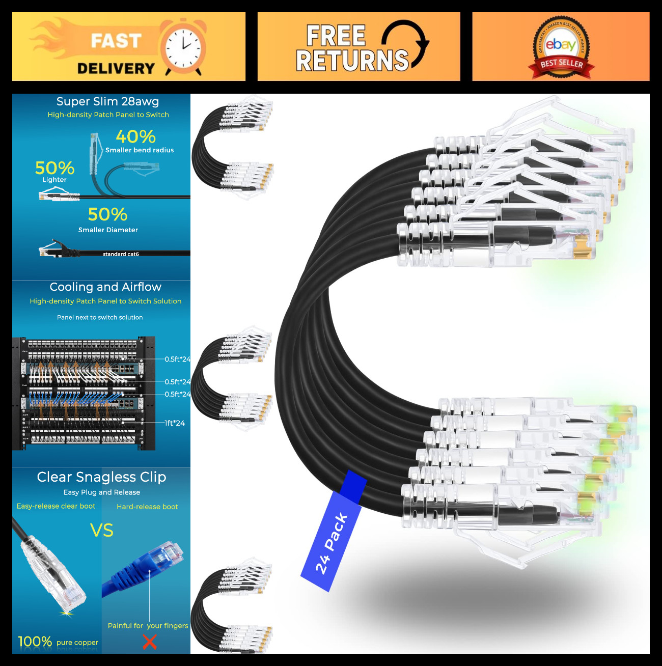 Rapink Patch Cables Cat6/ Cat6a 1ft (24 Pack) Slim, Cat6a Ethernet Patch Cable 1