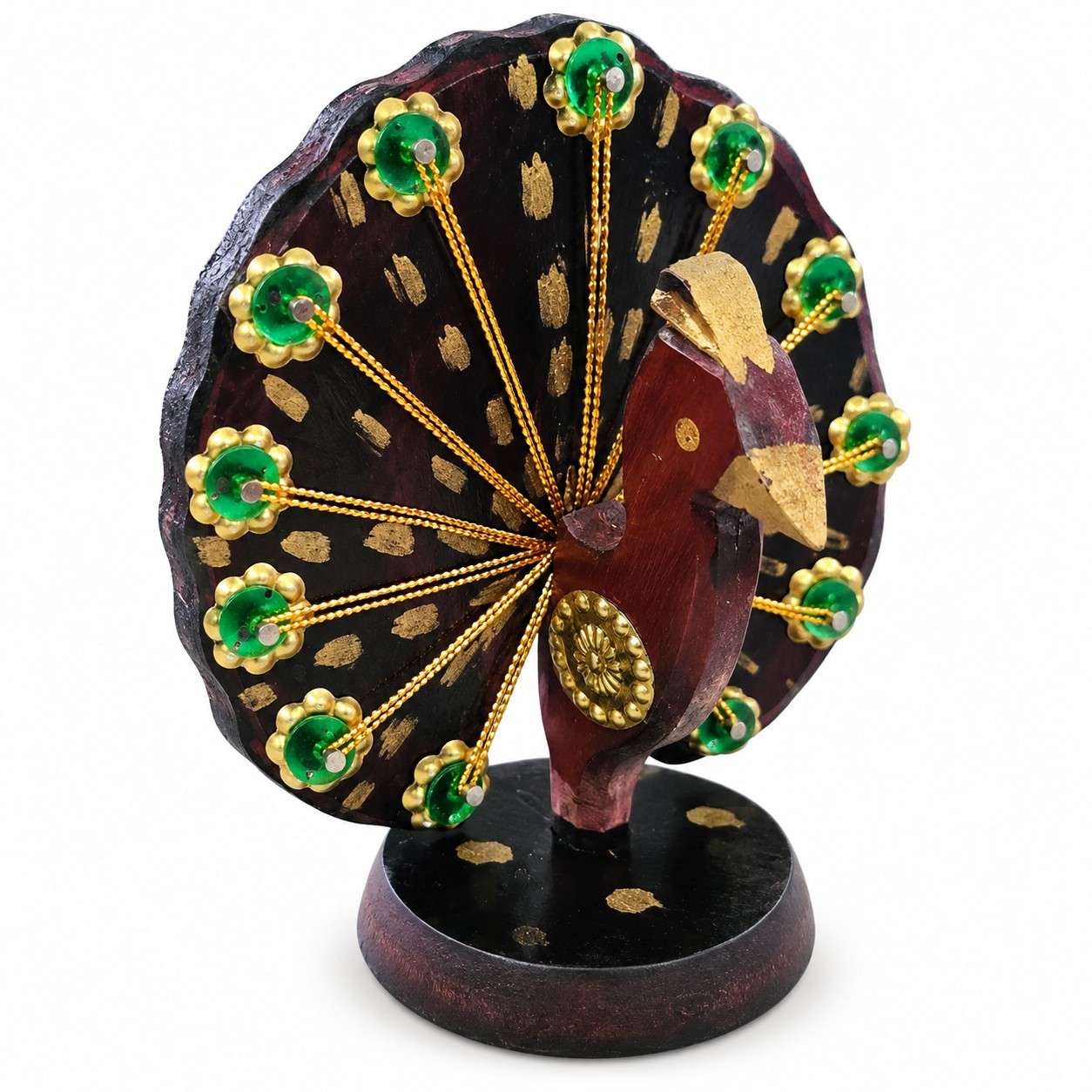 Vintage Hand Painted Wood Peacock Figurine Green Gold Folk Art Boho Decor