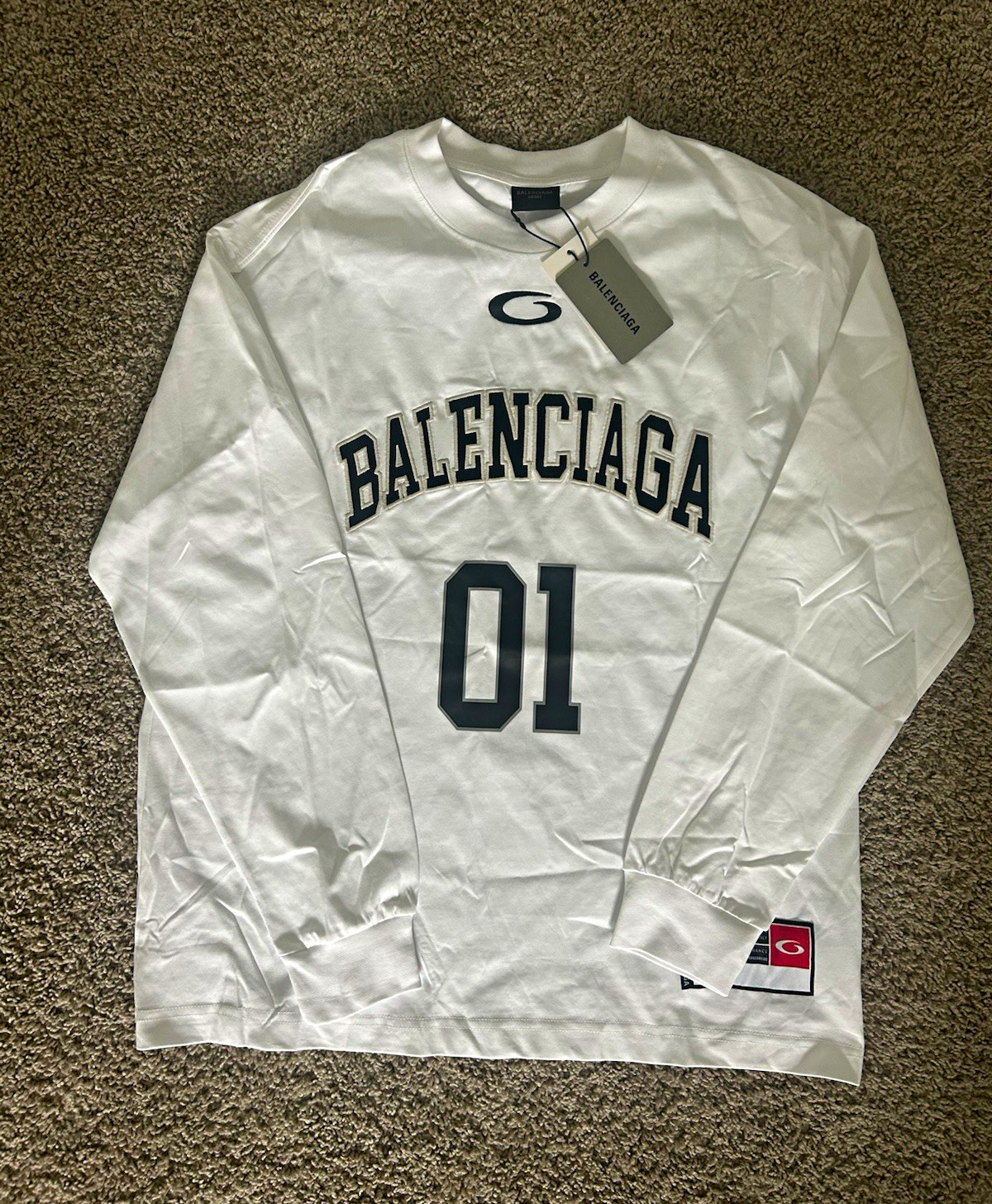 Balenciaga Men’s M White Cotton Jersey Long Sleeve Crew Neck Logo Tee
