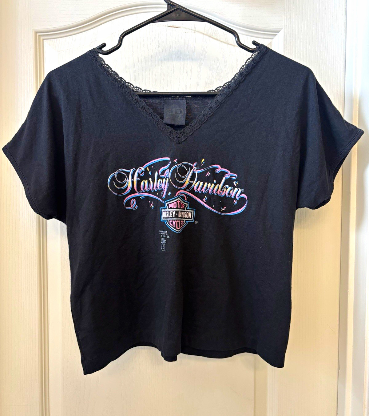 VTG 1988 Harley Davidson 3D Emblem Shirt Womens Lace V-Neck Single Stitch Size M