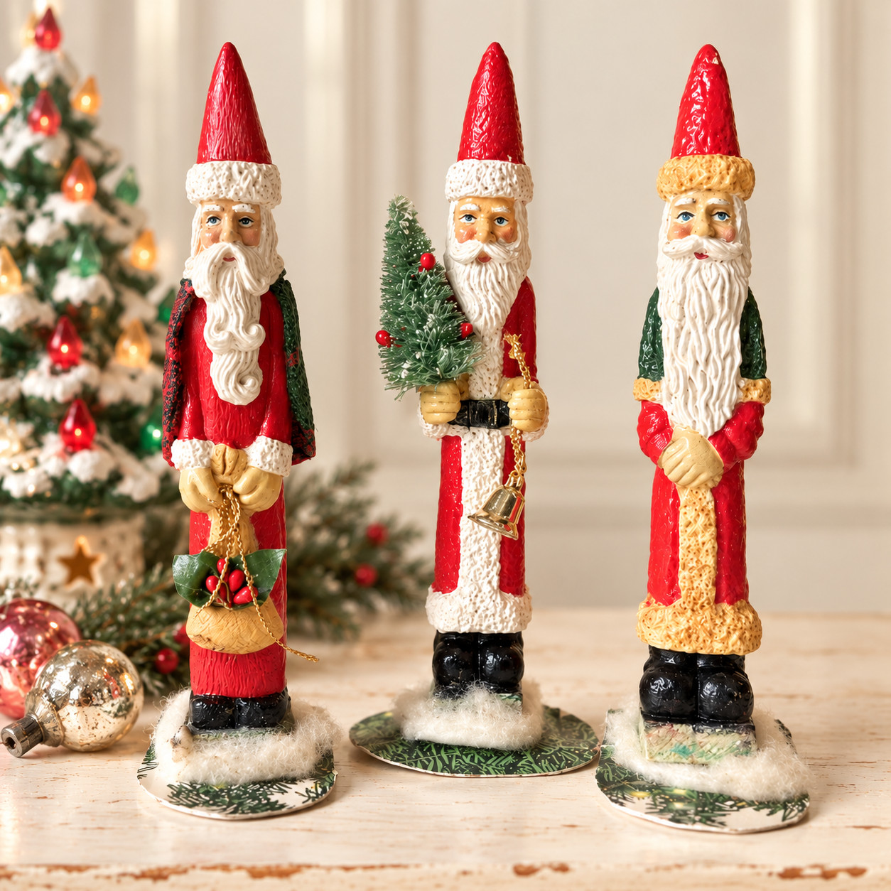 Vintage 1970s Santa Claus Pencil Figurines Lot of 3 Retro Christmas Taiwan 6.5\
