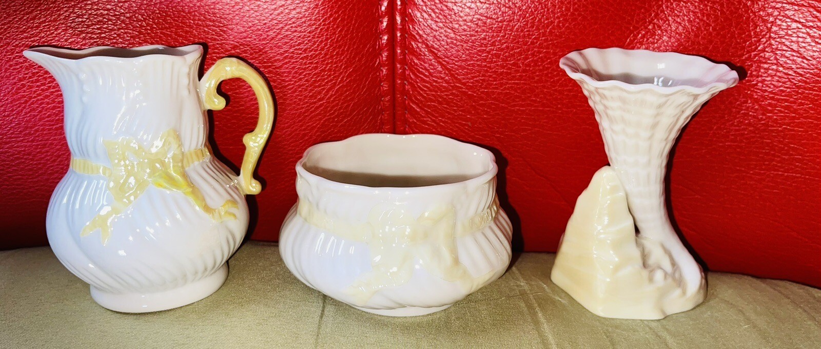 BELLEEK Irish Yellow Ribbon 3 Pieces Creamer Open Sugar + Mini Rock Spill Vase