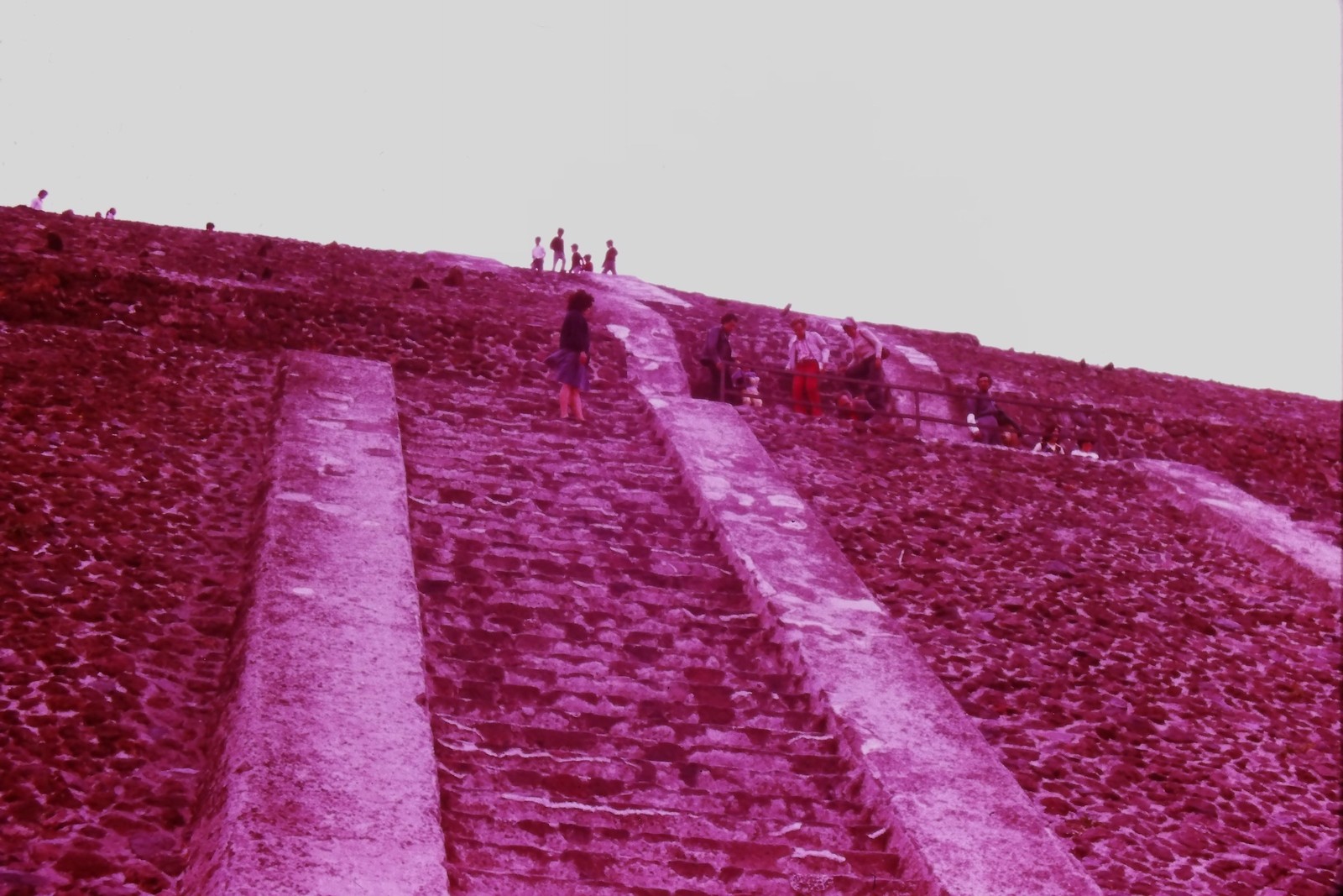 c1980's 35mm Slide, People Climbing Stone Pyramid, Magenta Cast monument ruins