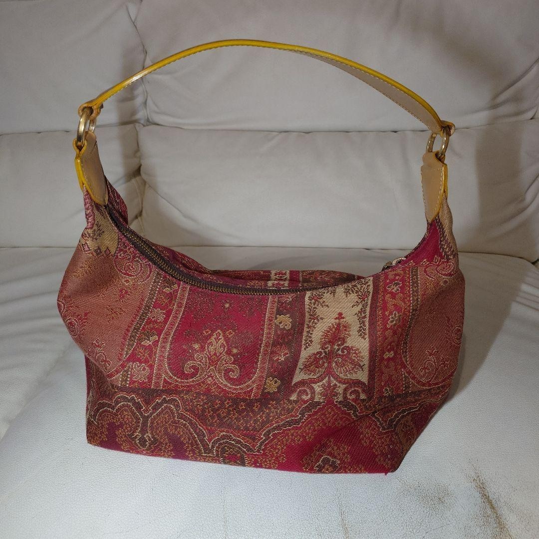 ETRO Red Paisley Canvas Shoulder Bag Leather Trim Crescent Zip Medium Italy JP
