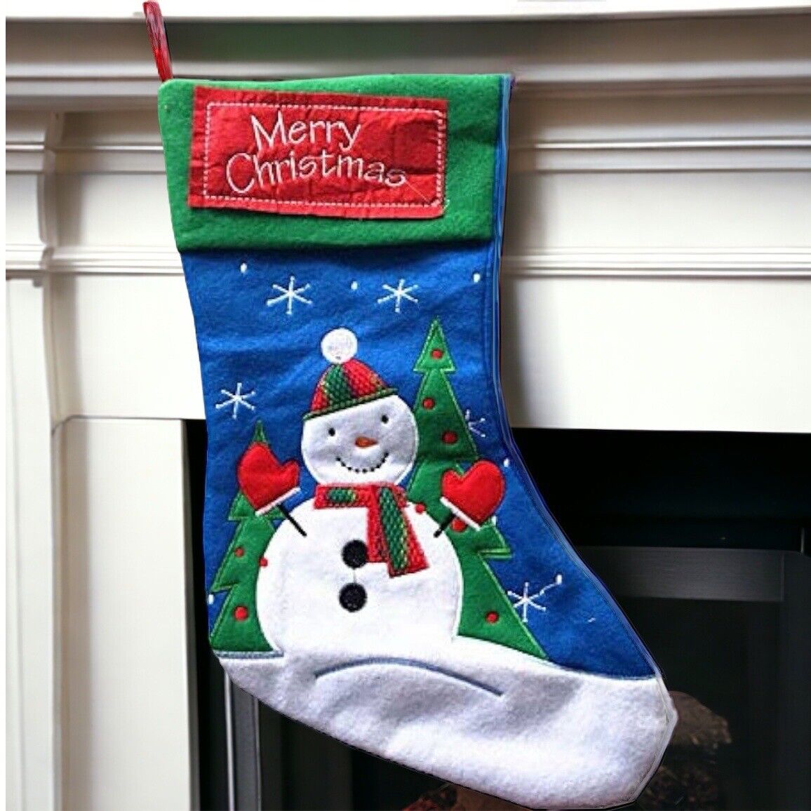 Merry Christmas Snowman Stocking Hanging Felt Sock Holiday Tree Decoration Blue