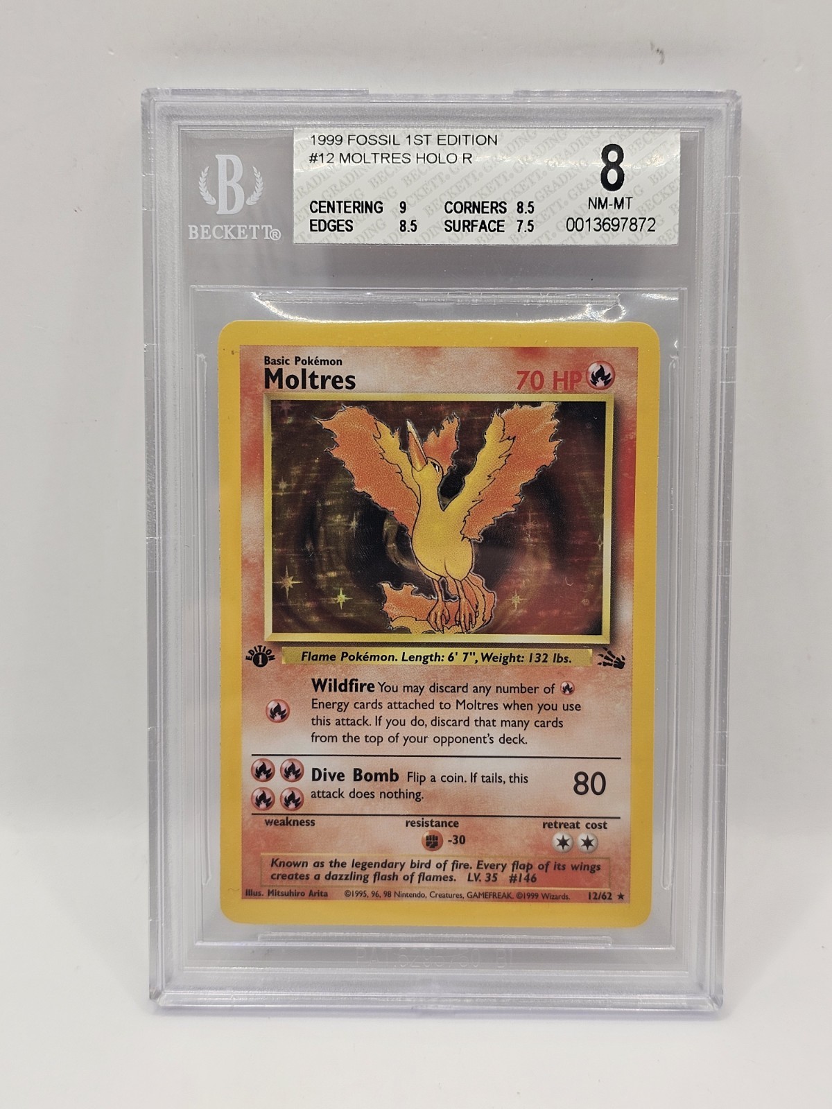 Pokemon Card Moltres 12/62 Fossil BGS 8 NM-MT 1st Edition Cosmos Holo ENG Pokemon Card Moltres 12/62 Fossil BGS 8 NM-MT 1st Edition Cosmos Holo ENG