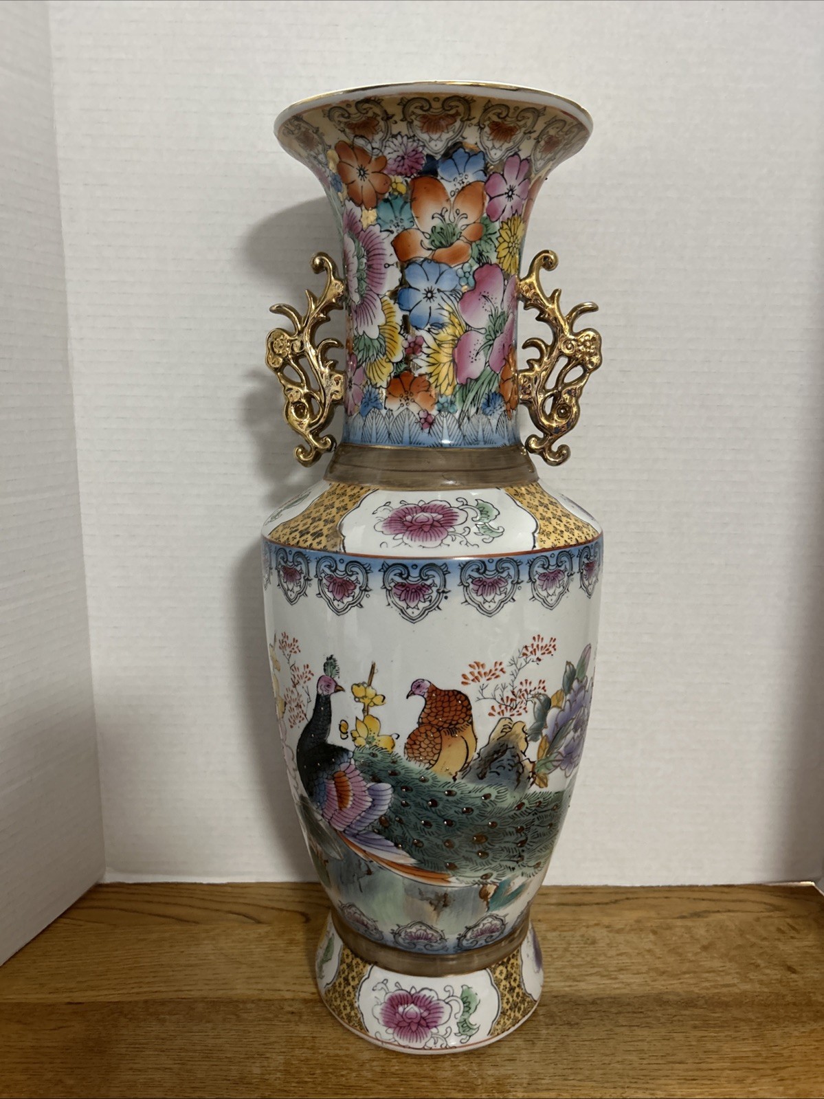Vint. Lg. Asian Style Vase With Peacocks And Flowers & Gold Color Handles