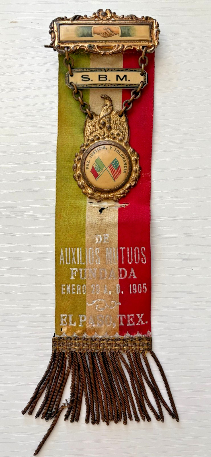 Antique 1905 El PasoTX Mexican Mutualista Ribbon SBM Sociedad Beneficencia Mutua