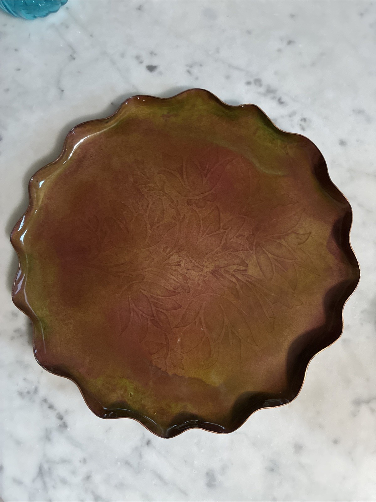 Vintage Mid Century Enameled Copper Platter Ruffled Scalloped Edge Floral Leaf